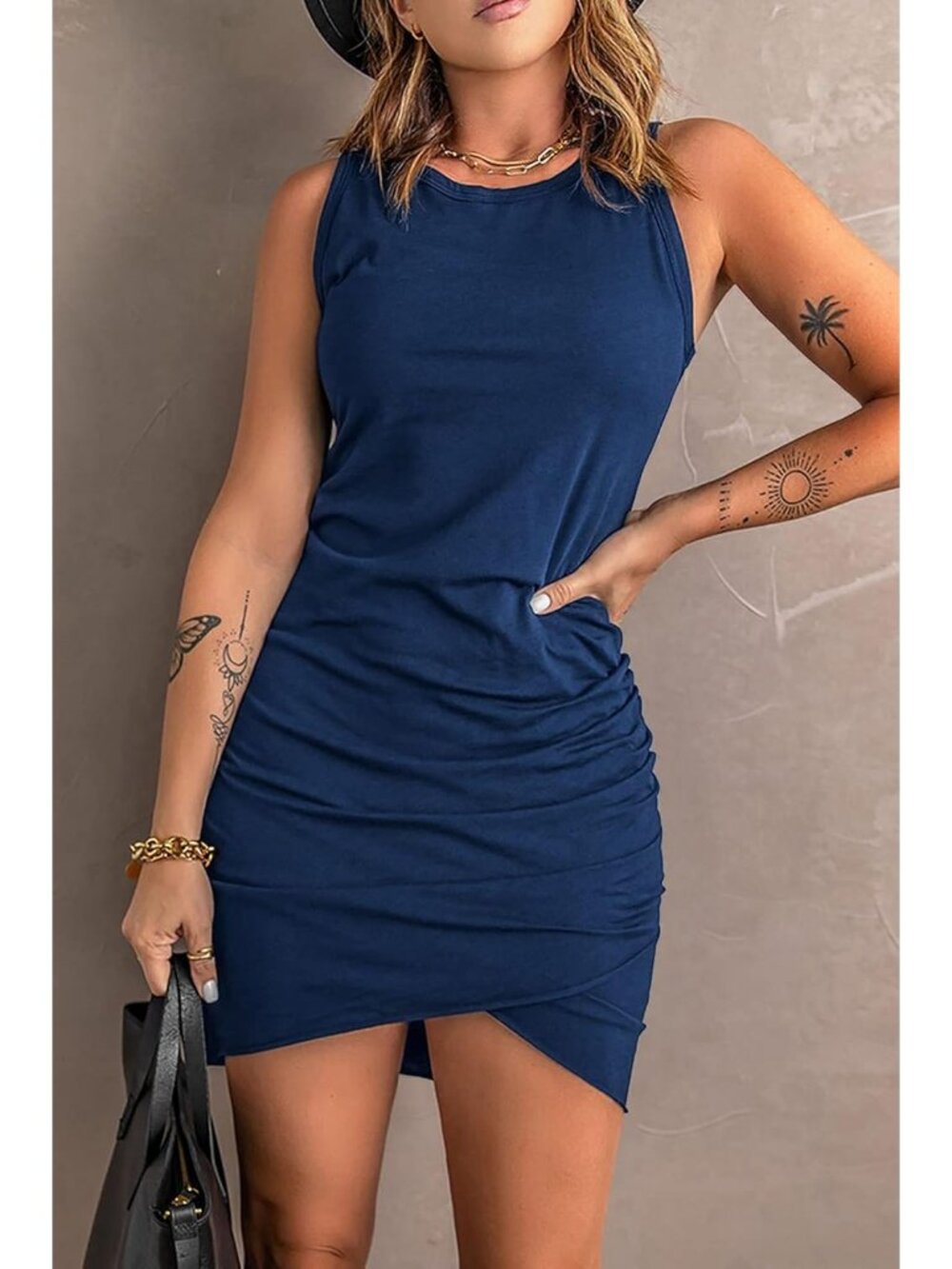 Women's Blue Summer Dresses Sleeveless Tank Ruched Bodycon Sundresses Mini - Picture 3 of 5